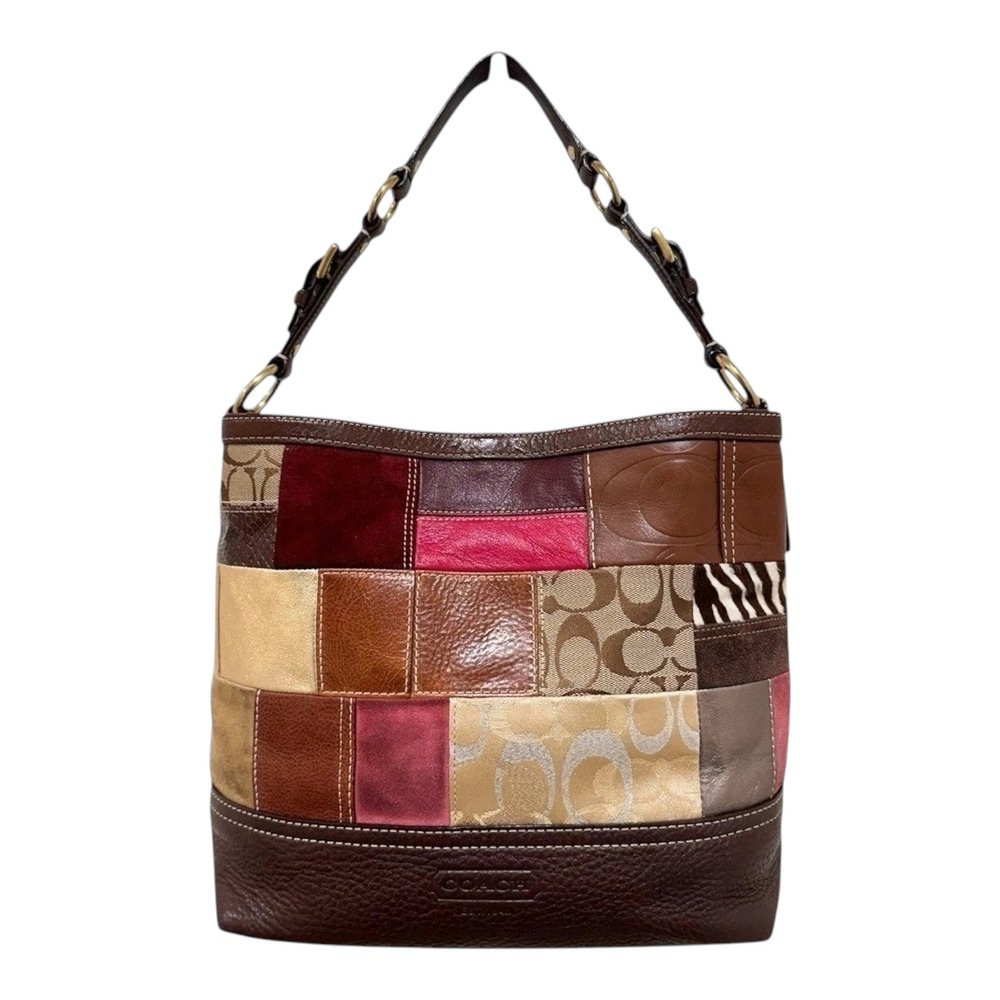 Coach Holiday Patchwork Tote Bag Brown Medium Y2K 10434